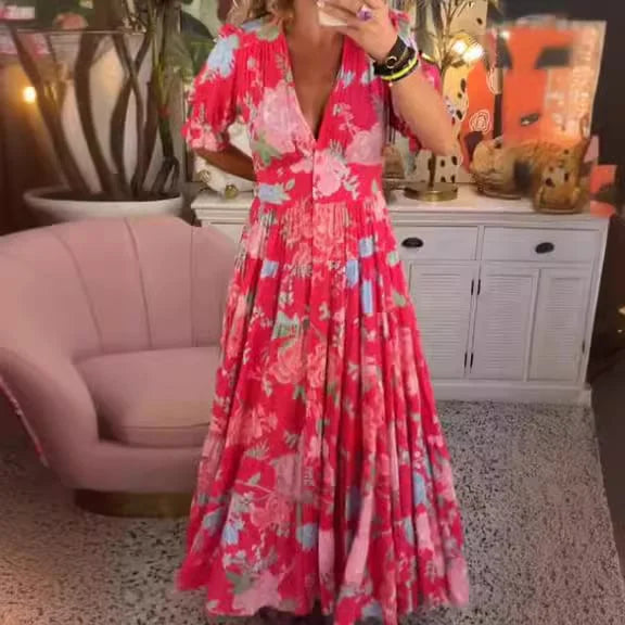 Delvina Comfortabele lange jurk met Vhals en zakje