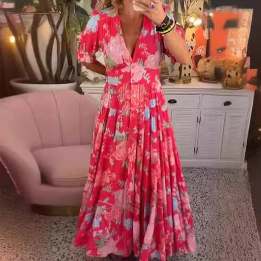 Delvina Comfortabele lange jurk met Vhals en zakje