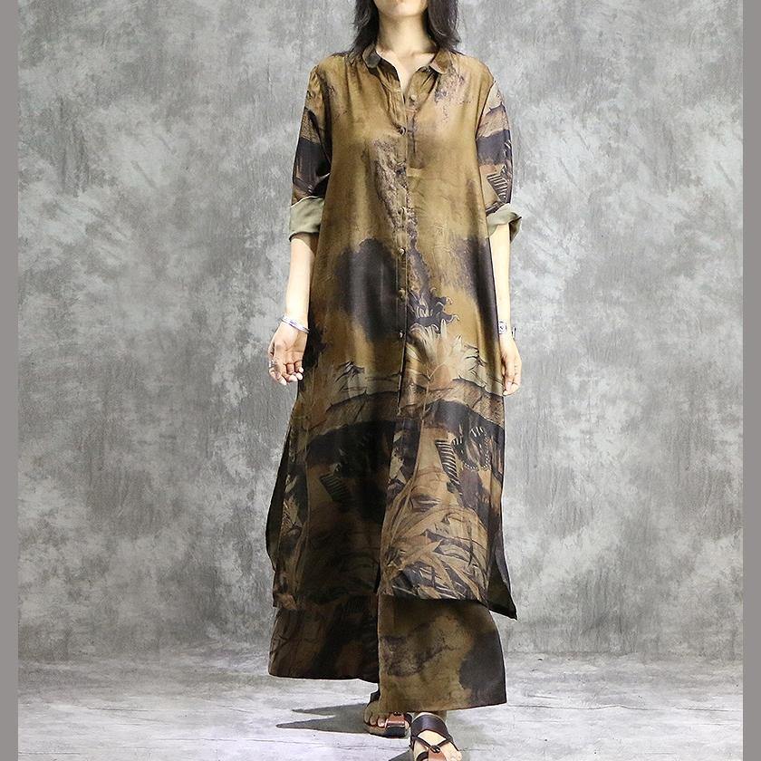 Elegante broek met wijde pijpen zijden tuniek geel tweedelig plus size jurk zomer prints