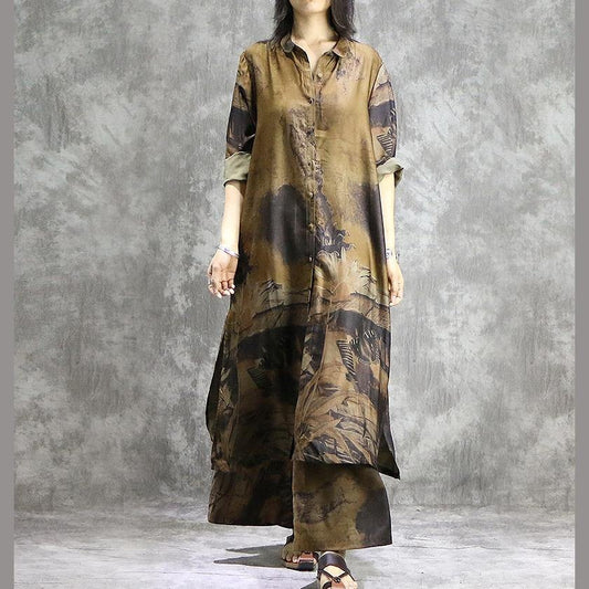Elegante broek met wijde pijpen zijden tuniek geel tweedelig plus size jurk zomer prints
