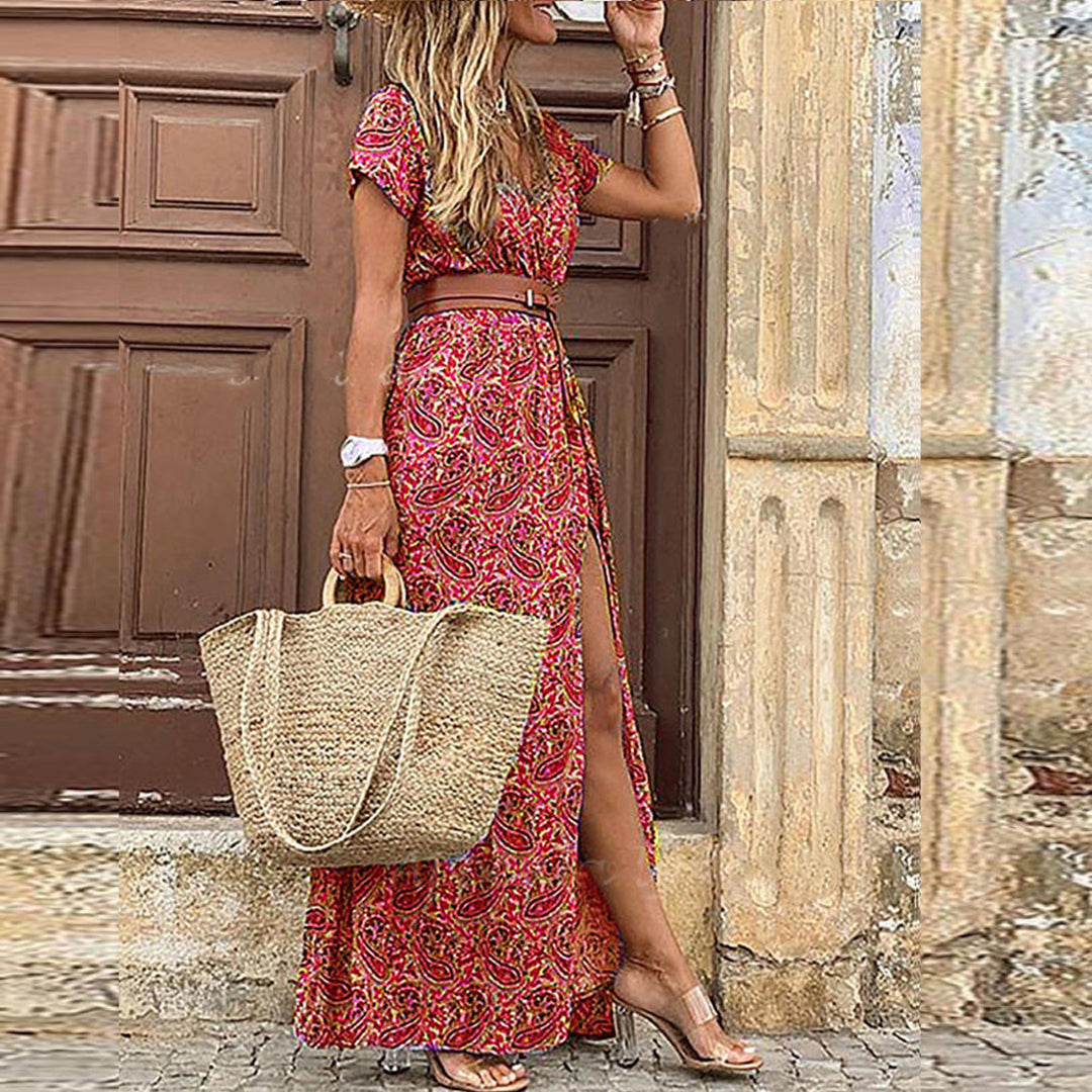 Elegante V-hals boho maxi jurk