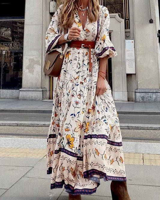 Elizeane Elegante maxijurk in bohostijl met bloemenprint en puntige halslijn