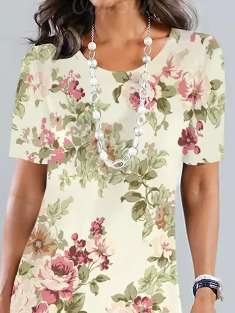 Ensley Elegante losse gebloemde midijurk voor tuinfeestjes met ronde halslijn