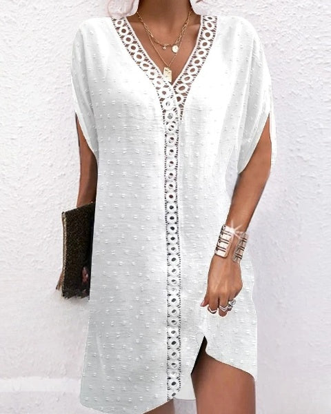 Evangelle Elegante casual jurk met Vhals, delicaat kant en halve mouwen