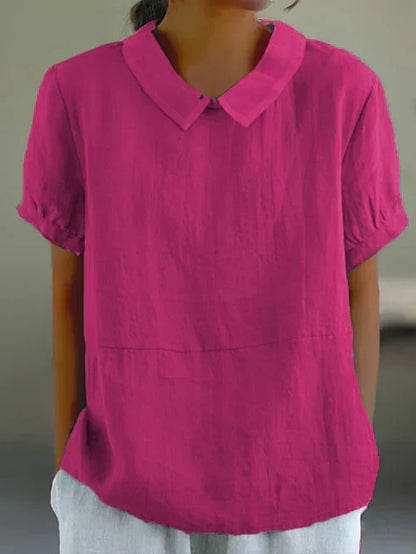 Luchtige linnen damesblouse korte mouw met pofkraag