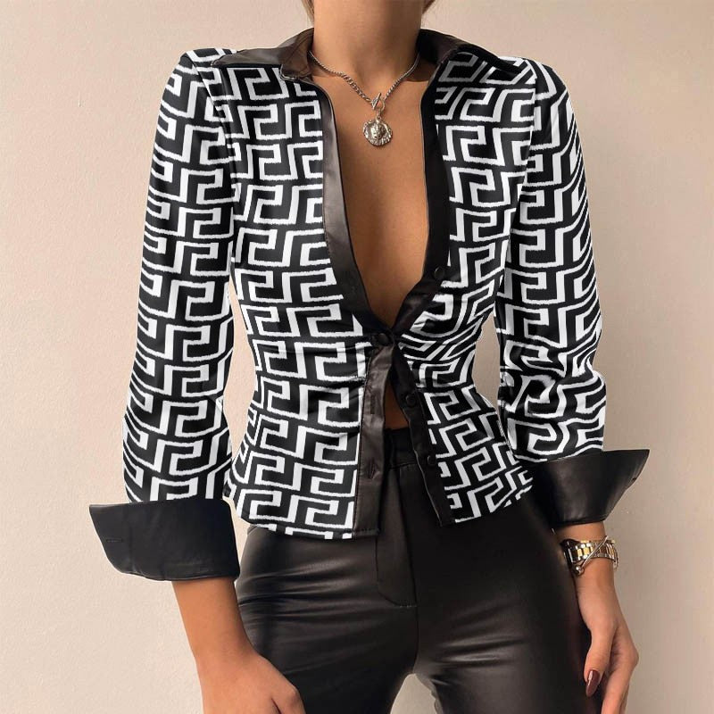 DANICA | Stijlvolle PU Leer Patchwork Print Vhals Blouse