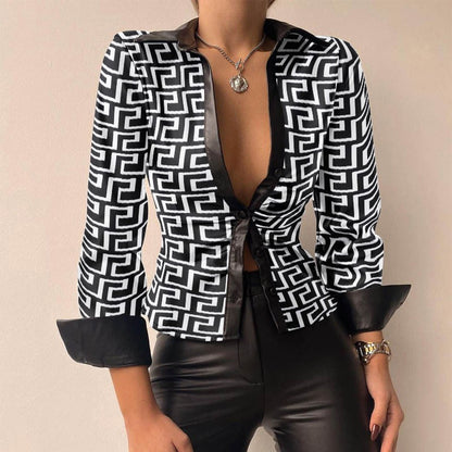 DANICA | Stijlvolle PU Leer Patchwork Print Vhals Blouse