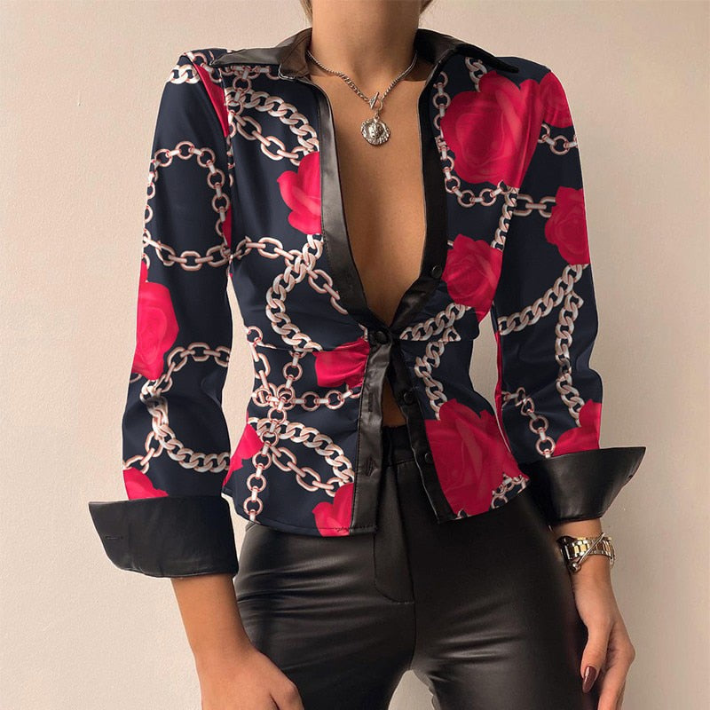 DANICA | Stijlvolle PU Leer Patchwork Print Vhals Blouse