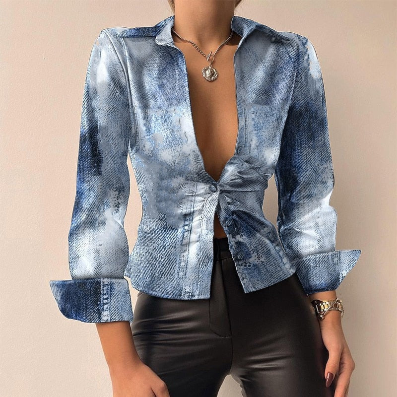 DANICA | Stijlvolle PU Leer Patchwork Print Vhals Blouse
