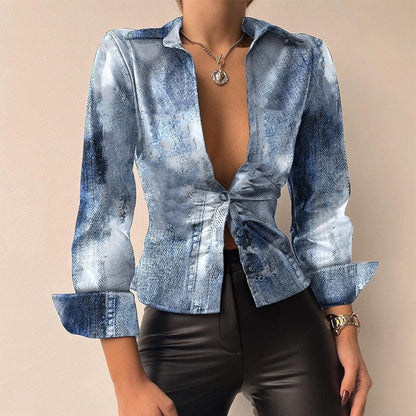 DANICA | Stijlvolle PU Leer Patchwork Print Vhals Blouse
