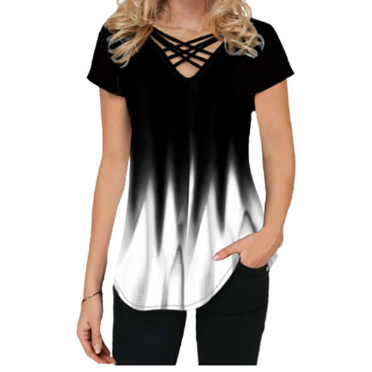 Casual Verloop Print Cross V-hals Zomertop | Korte Mouw Los T-shirt