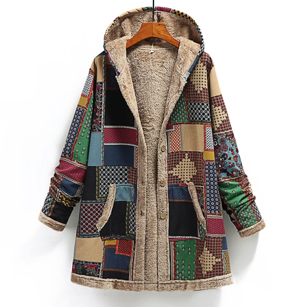 Luxe, elegante, warme schapenvacht patchwork jas met capuchon voor dames