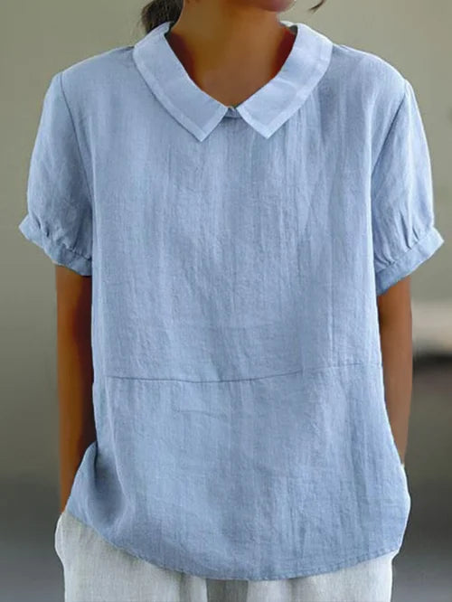 Luchtige linnen damesblouse korte mouw met pofkraag