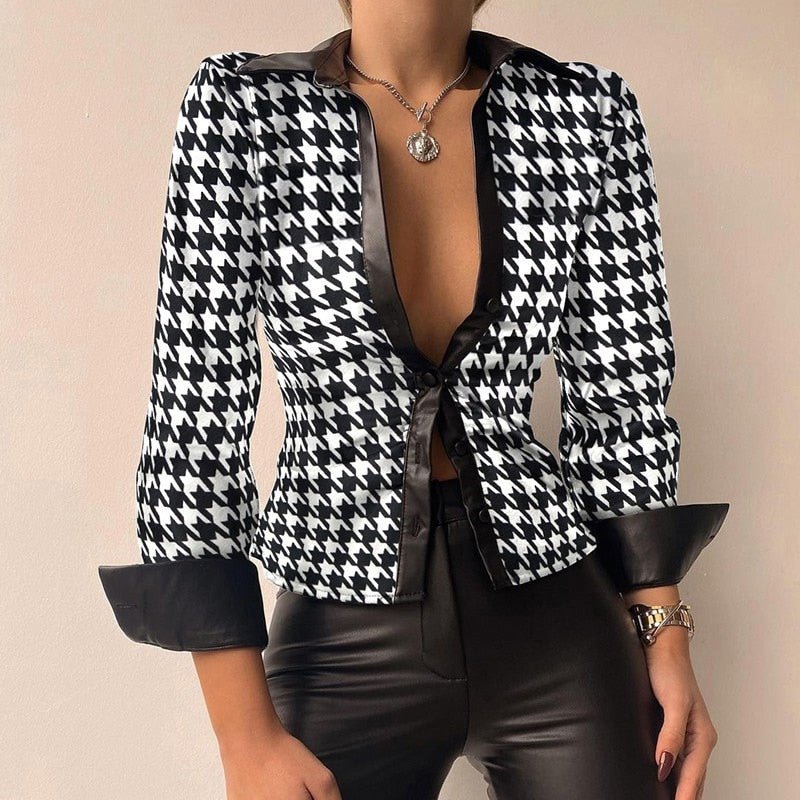 DANICA | Stijlvolle PU Leer Patchwork Print Vhals Blouse