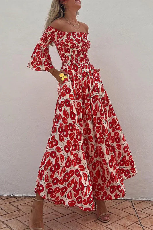 Halle - Gesmokte maxi-jurk met bloemenprint en off-the-shoulder zakken