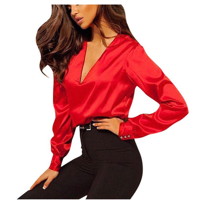 ROSE - Chemisier en satin manches longues élégant femme blouse rouge