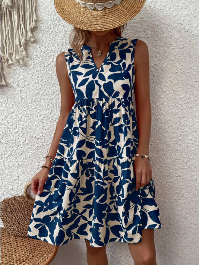 Helgia Boho losse mouwloze midi jurk met puntige halslijn