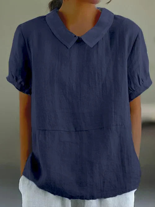 Luchtige linnen damesblouse korte mouw met pofkraag