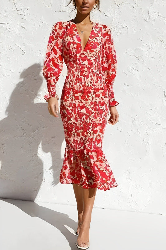 Florale midi-jurk met bisschopsmouw