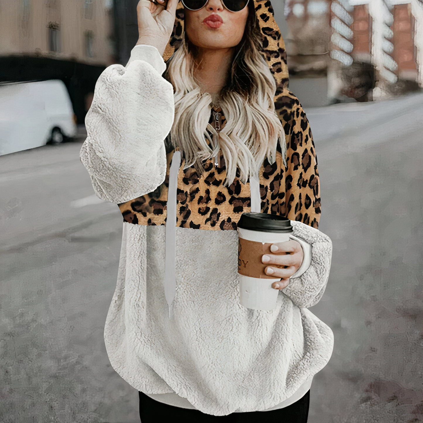 Leopart print pluche hoodie - Juliana