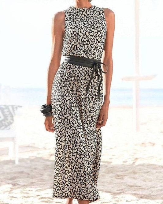 Jaylani Mouwloze jurk met trendy print en riem