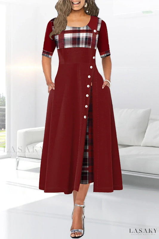 Jivette Maroon patchwork jurk met taille halslijn