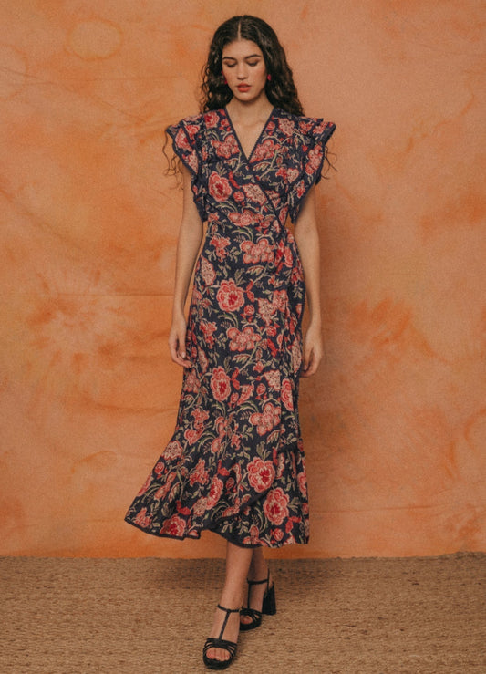 Stijlvolle midi-jurk met retro bloemenprint en losse vlindermouwen