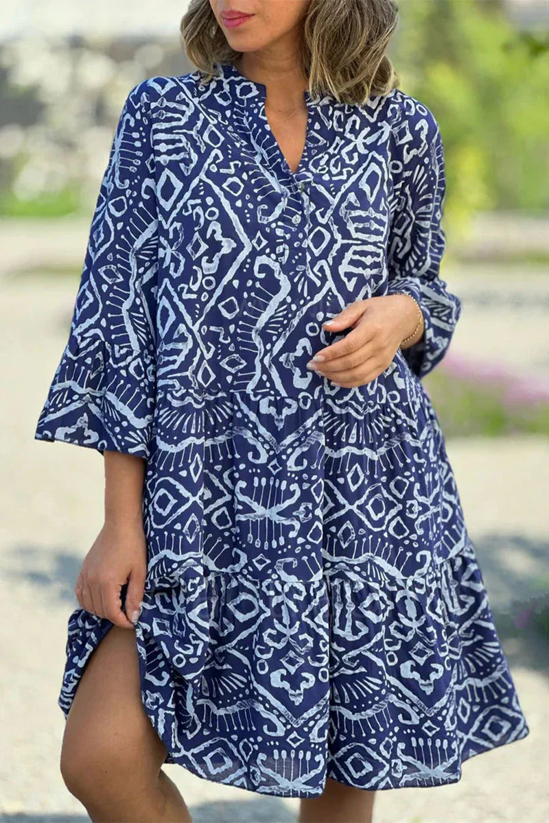 Kelly Casual jurk met geometrische print en knopen, Vhals, taartrokje