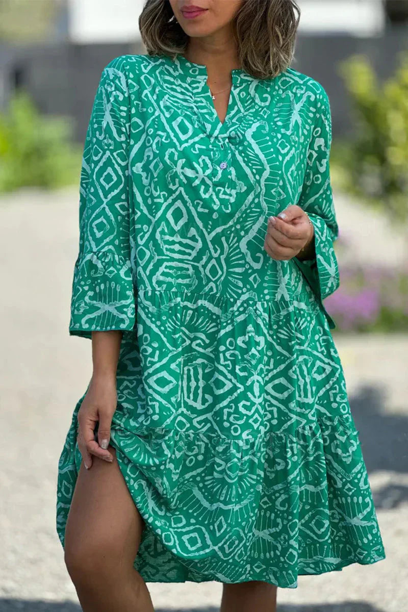 Kelly Casual jurk met geometrische print en knopen, Vhals, taartrokje