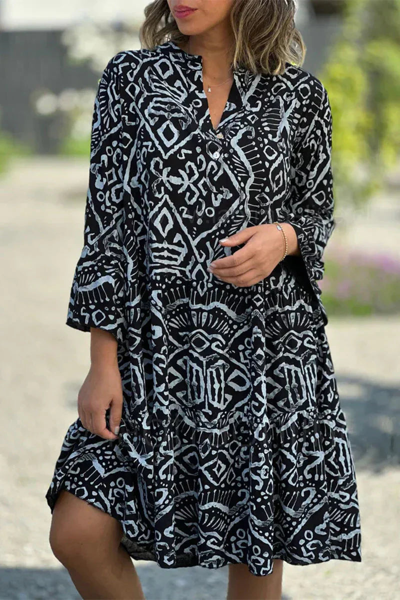 Kelly Casual jurk met geometrische print en knopen, Vhals, taartrokje