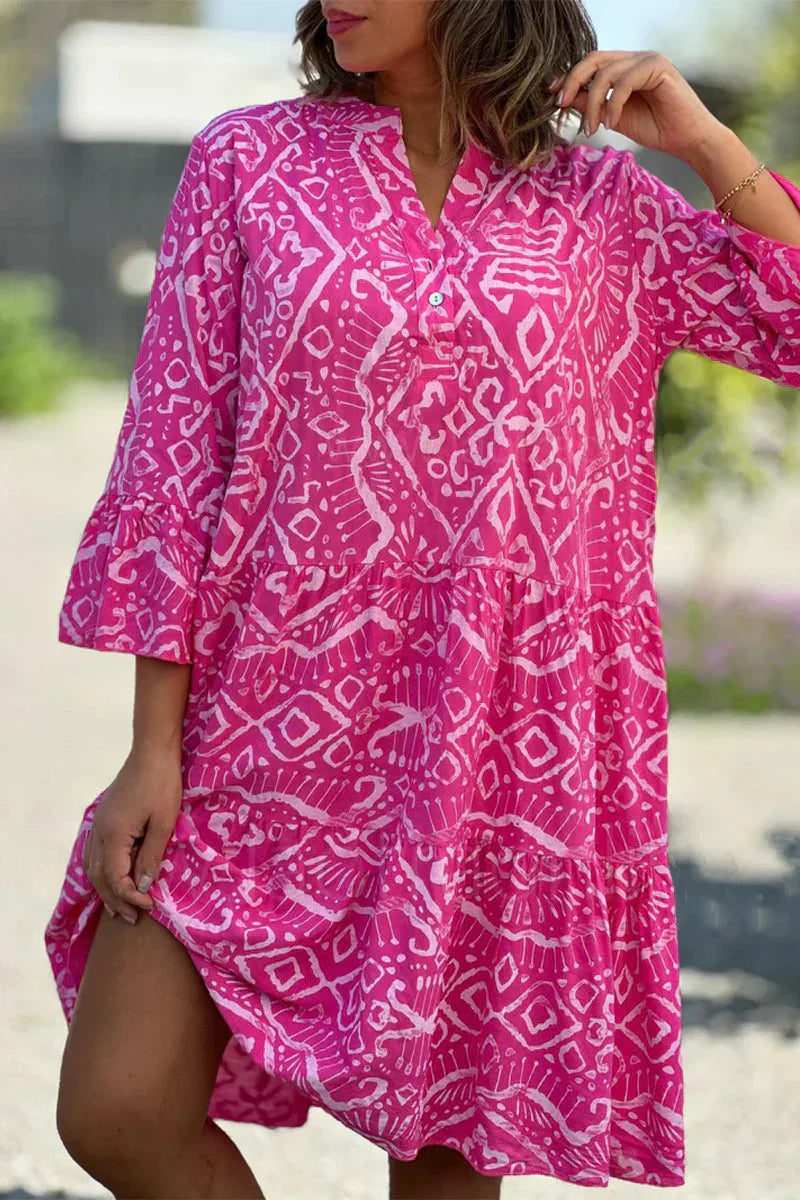 Kelly Casual jurk met geometrische print en knopen, Vhals, taartrokje