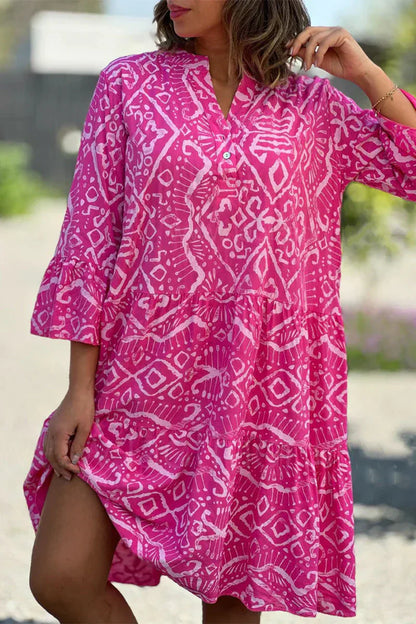 Kelly Casual jurk met geometrische print en knopen, Vhals, taartrokje