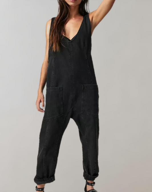 Nadine - Mouwloze denim jumpsuit met diepe V-hals en broek met meerdere zakken