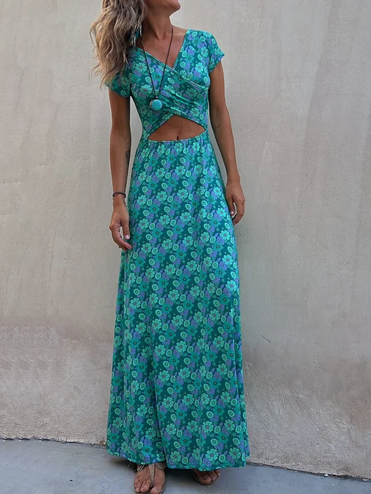 Khaleesi Stretch maxijurk met korte mouwen, holle bloemenprint en omkeerbaar, Uhals