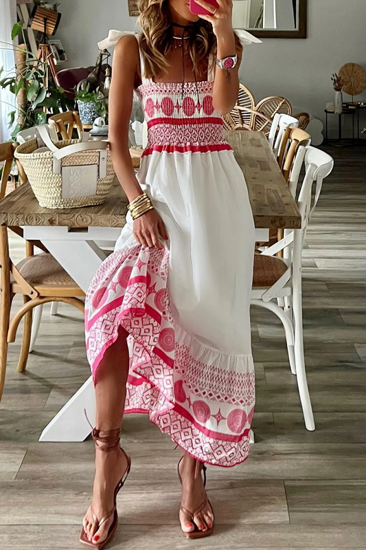 Kimia Casual jurk met print, ruches, vierkante halslijn en bandjes