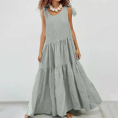 Kinsley - casual maxi-jurk met ruches en vest met vetersluiting in effen kleur