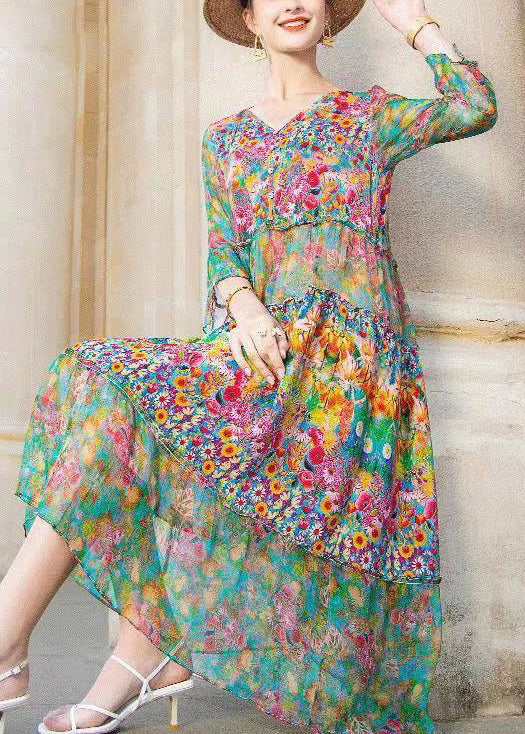 Lechina Patchwork jurk in kleurrijke print met vhalslijn