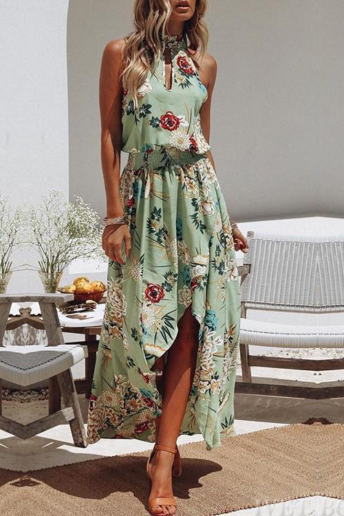 Llana Groene jurk met ronde hals en bloemenprint