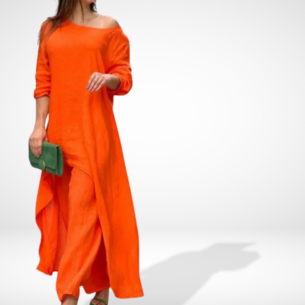 Damesensemble met asymmetrische, vloeiende blouse en wijde broek