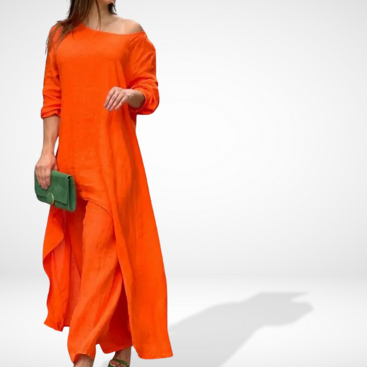 Damesensemble met asymmetrische, vloeiende blouse en wijde broek