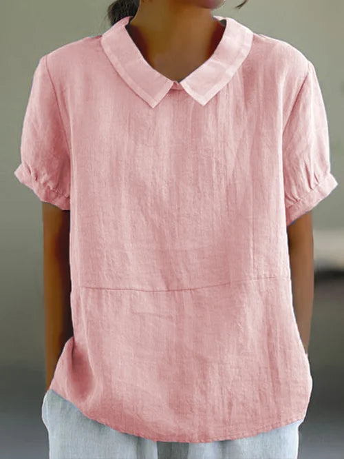 Luchtige linnen damesblouse korte mouw met pofkraag