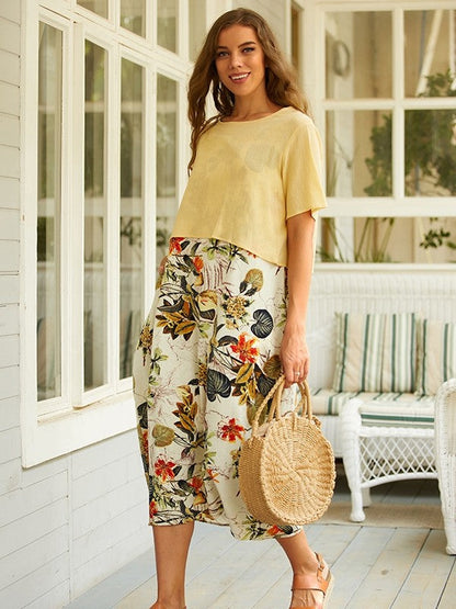 Madison Tweedelige maxijurk in vintage stijl met korte mouwen, ronde hals en bloemenprint