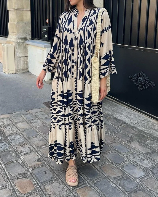 Maggie Bedrukte casual jurk met Vhals en lange mouwen