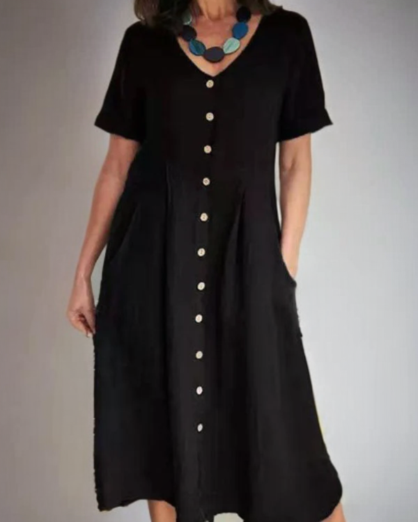 Marina Losse linnen jurk met puntige halslijn