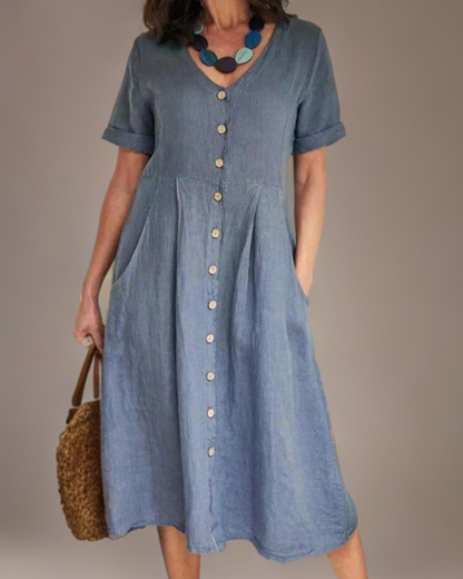 Marina Losse linnen jurk met puntige halslijn