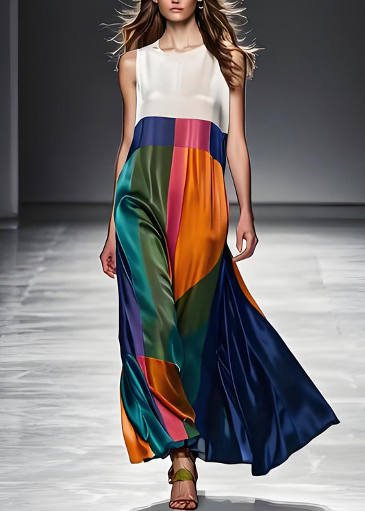 Mercy Ohals patchwork zijden mouwloze maxi jurk