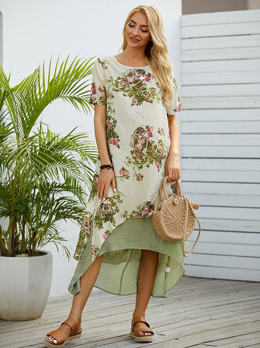 Merith Ronde hals met bloemenprint Casual maxijurk met hoge taille en korte mouwen