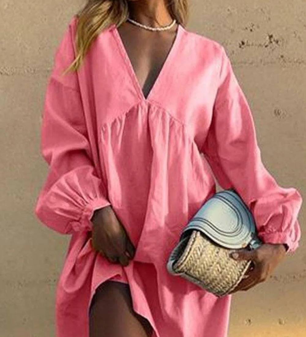 Nikita Casual jurk met Vhals en geplooide lantaarnmouwen