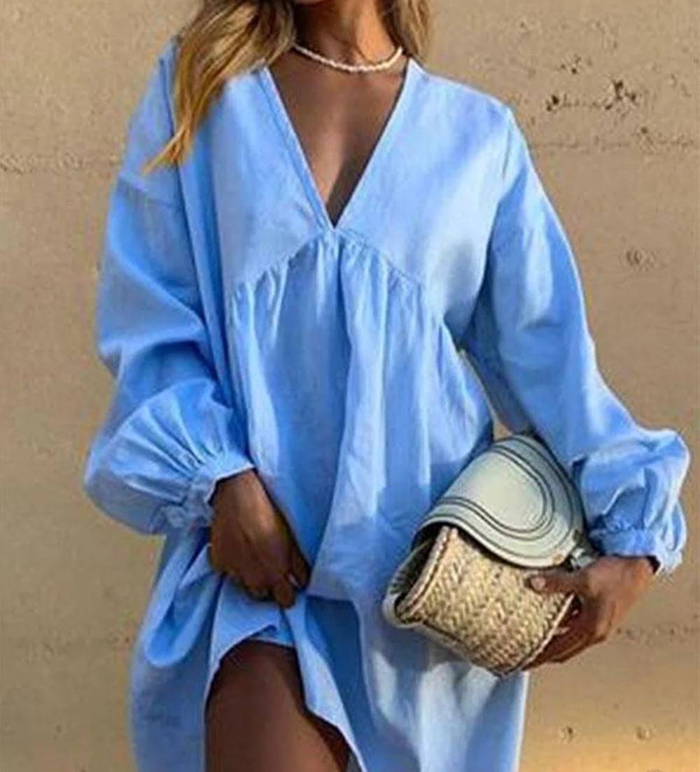 Nikita Casual jurk met Vhals en geplooide lantaarnmouwen