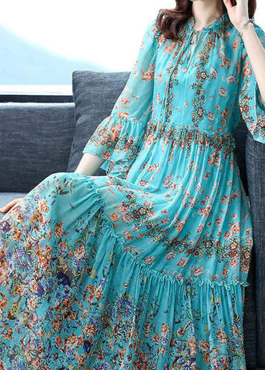 Normani Flouncy patchwork zijden maxi jurk met uitlopende mouwen